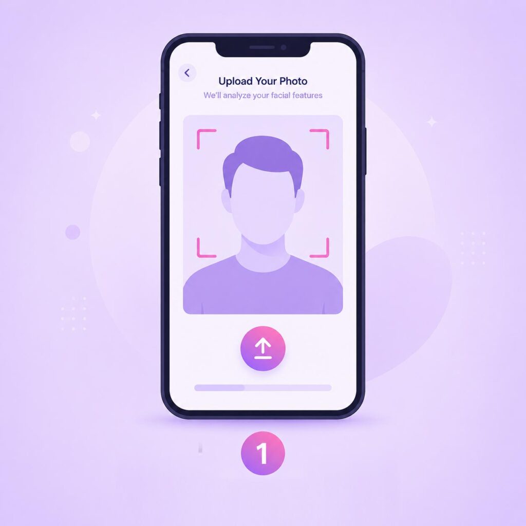 Step 1 of celebrity look-alike finder uploading a clear front facing photo from phone camera or gallery